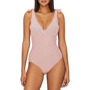 LAUREN Ralph Lauren Seersucker Stripe Tie Shoulder One-Piece Womens Size 10